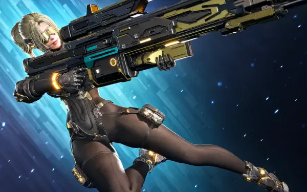 4K Ultra HD PC wallpaper: The First Descendant — blonde sci‑fi woman in a tactical suit aims a futuristic rifle against a starry blue backdrop.