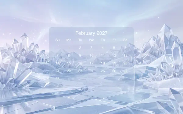 February 2027 calendar overlaid on a 5K Ultra HD PC desktop wallpaper of a frozen crystal winter landscape with sparkling ice peaks and a mirrored icy floor.