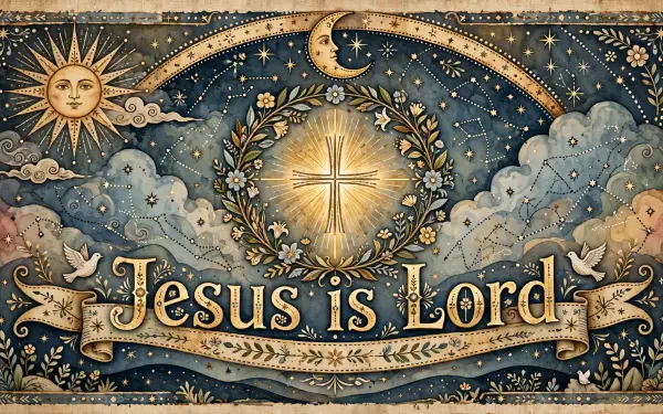 HD PC desktop wallpaper: ornate Christian illustration with radiant cross and laurel, Jesus is Lord banner amid sun, moon, stars and doves.