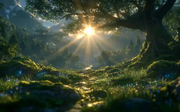AI art 2K Quad HD PC desktop wallpaper: fantasy sci‑fi sunbeams pierce an ancient mossy forest, glowing blue sprites among roots.