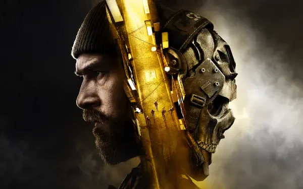 4K Ultra HD PC wallpaper of Call of Duty: Modern Warfare 4 — Captain Price profile merged with a skull-faced soldier; bearded man in helmet, gold accents and smoke