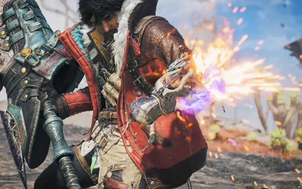 Monster Hunter Wilds Ascendance scene: armored warrior in detailed battle armor fires a glowing blast from a gauntlet amid sparks — 4K Ultra HD PC desktop wallpaper/background.