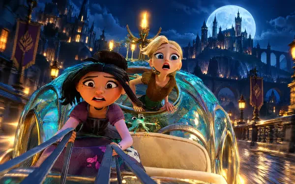 Steps (2026) 4K Ultra HD PC wallpaper: two girls in a glowing carriage racing through a moonlit, lantern-lit city toward a distant castle, faces full of surprise.