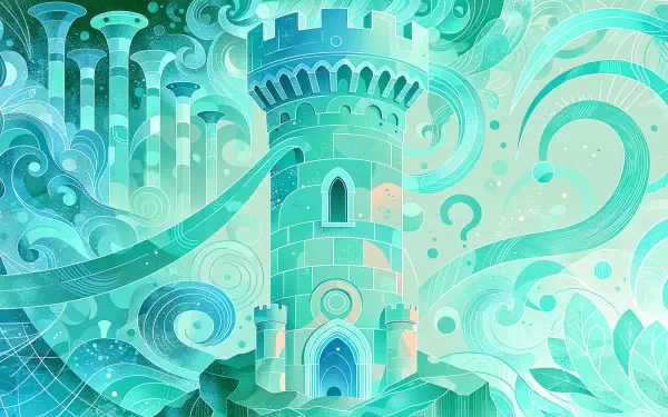 2K Quad HD PC desktop wallpaper featuring a stylized turquoise castle tower rising amid swirling abstract waves and pillars, with ornate battlements and glowing windows.