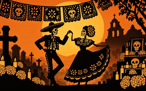 4K Ultra HD PC desktop wallpaper background: Day of the Dead dancing skeleton couple with skull motifs, marigolds, candles and altars in a silhouetted graveyard at sunset.