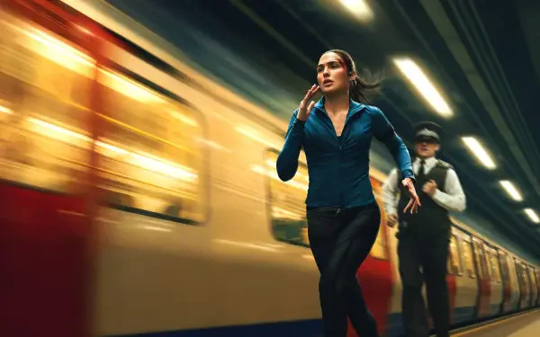 The Runner — 4K Ultra HD PC desktop wallpaper of a determined woman sprinting along a blurred subway platform as a train speeds by, dramatic motion and moody lighting.