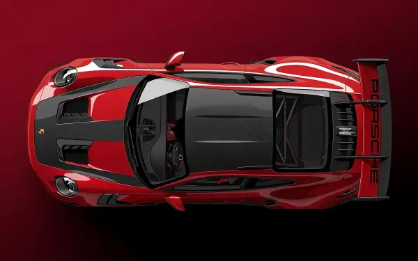 Top-down view of a red Porsche GT3 RS supercar on a deep red backdrop — 4K Ultra HD PC desktop wallpaper and background.