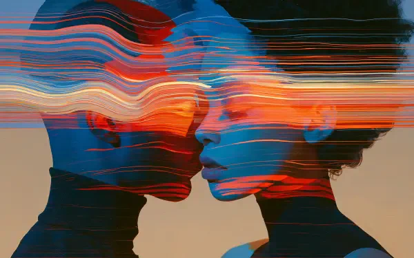 2K Quad HD PC desktop wallpaper and background: abstract portrait of a couple in profile, faces close, vivid horizontal color streaks blending into a luminous expression of love.