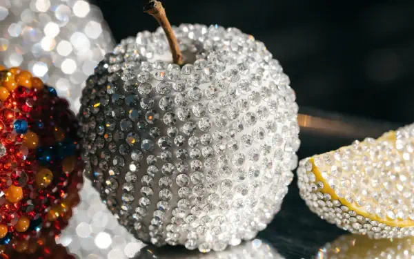 Bedazzled apple encrusted with clear rhinestones beside jeweled fruit, glossy close-up — 2K Quad HD PC desktop wallpaper and background.