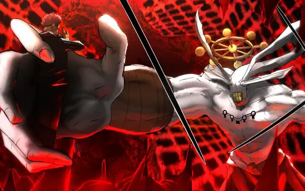 4K Ultra HD PC wallpaper of Jujutsu Kaisen anime: Sukuna and the Mahoraga clash in dynamic poses against a red, webbed energy backdrop with a sharp diagonal split.