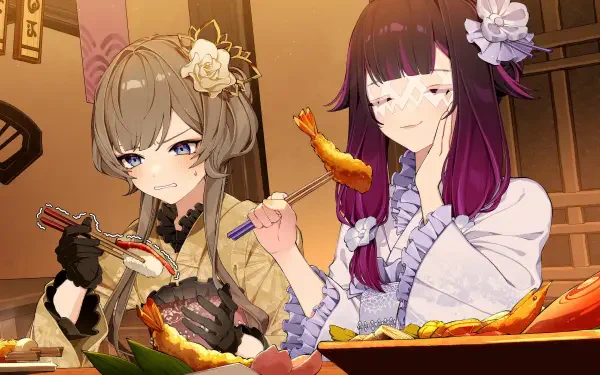 HD PC wallpaper of Genshin Impact characters Sandrone and Columbina sharing a meal at a wooden table, eating skewers and noodles under warm, cozy tavern lighting.