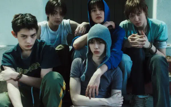 Cortis GREENGREEN group portrait of five youth in teal-green tones, 5K Ultra HD PC desktop wallpaper/background.