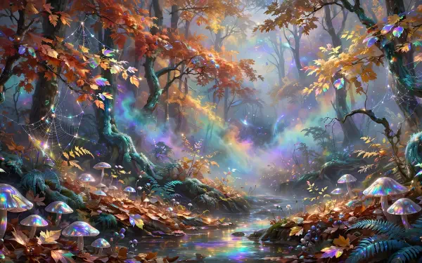 HD PC desktop wallpaper of an autumn fall forest: glowing mushrooms beside a misty stream, vibrant leaves and rainbow light filtering through trees.