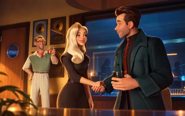 4K Ultra HD PC wallpaper: Ray Gunn-style hero shakes hands with a glamorous blonde actress-like woman in a retro bar while a man raises a toast.
