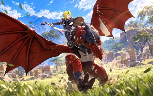 Dragon rider Seteth from Fire Emblem: Fortune's Weave soars on a red-winged dragon above sunlit grassy plains — 4K Ultra HD PC desktop wallpaper and background.
