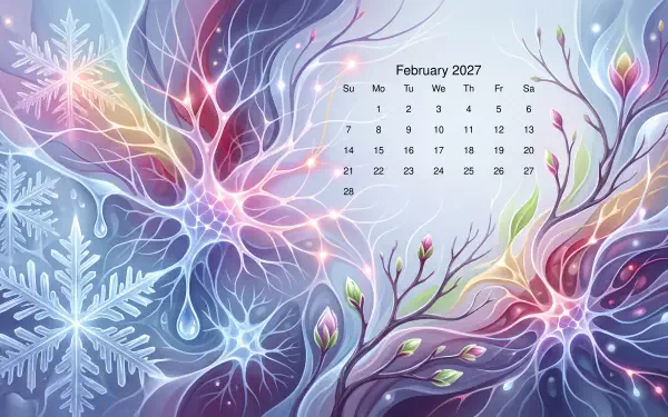 February 2027 calendar over a luminous winter floral abstract with snowflake motif, rendered as a 5K Ultra HD PC desktop wallpaper/background.