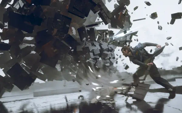 Control Resonant — Dylan Faden blasted backward amid a violent explosion, shards and debris swirling in a high-detail action scene rendered for a 4K Ultra HD PC desktop wallpaper.