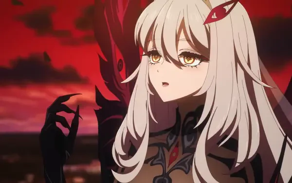 Ronova from Genshin Impact: white-haired anime girl with golden eyes and dark armor, reaching out against a blood-red sky with a shadowy figure behind — HD PC desktop wallpaper background.