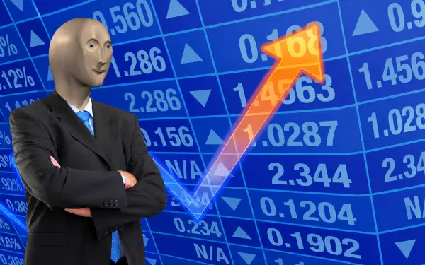 4K Ultra HD PC desktop wallpaper/background showing the Stonks meme businessman in a suit with arms crossed over a blue stock market ticker and rising orange arrow, business finance.