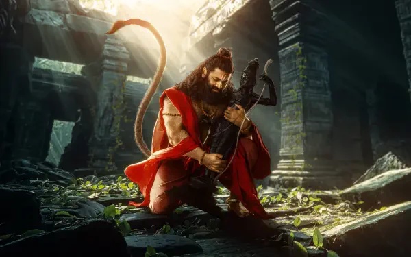 4K PC wallpaper of Lord Hanuman kneeling amid ancient ruins, red cloak and mace, fierce warrior pose — Jai Hanuman, cinematic sunlit textures.