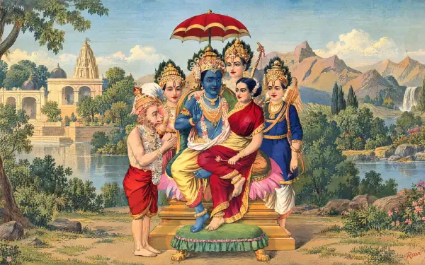 4K Ultra HD painting of Hindu deities: Lord Ram and Sita seated with Hanuman and Krishna among attendants, ornate temple and mountain landscape — PC desktop wallpaper.