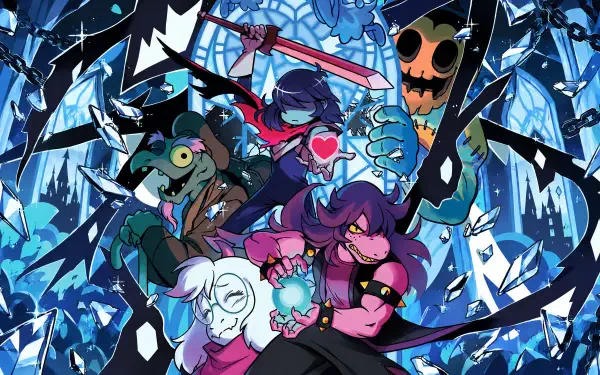 4K Ultra HD PC desktop wallpaper — anime-style Deltarune scene with Kris and Susie front and center, allies behind them amid jagged ice-blue shards and dramatic, high-contrast colors.