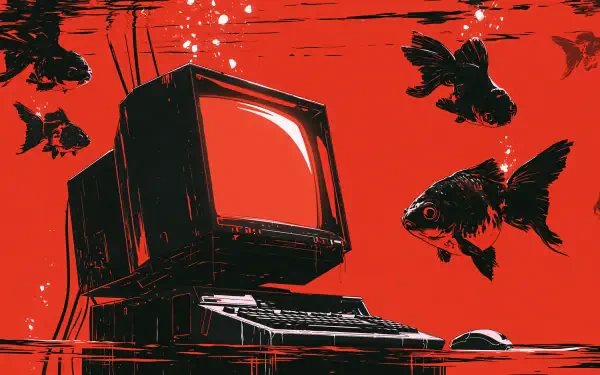 2K Quad HD PC desktop wallpaper: a vintage CRT computer submerged underwater, black goldfish circling against a vivid red backdrop.