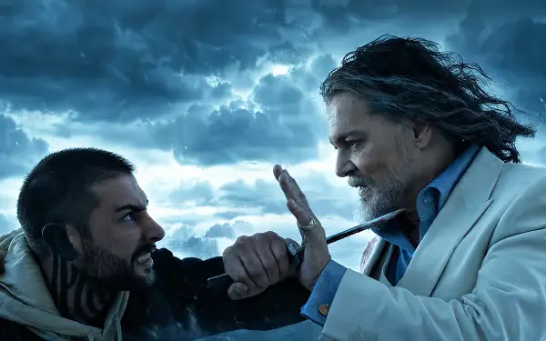 4K Ultra HD PC desktop wallpaper Day Drinker: two men in a tense daylight fight, one gripping the other's collar beneath brooding storm clouds.