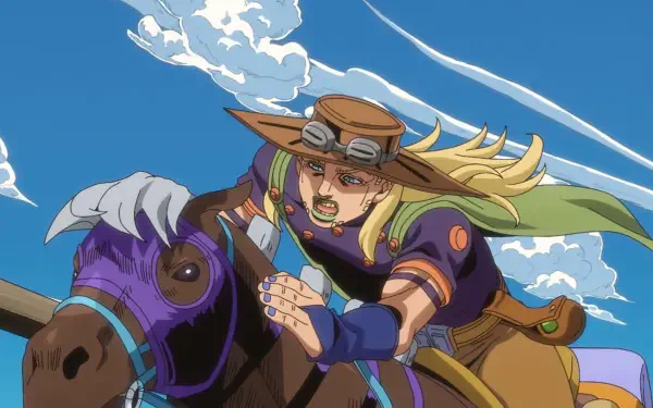 HD PC desktop wallpaper featuring Gyro Zeppeli from Steel Ball Run — anime rider racing on a galloping horse beneath a bright blue sky background.