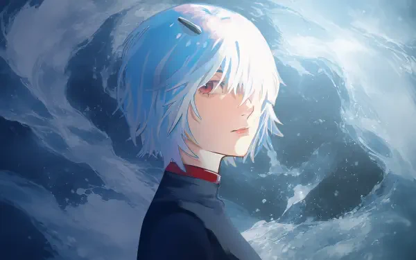 4K minimalist desktop wallpaper of Rei Ayanami (Neon Genesis Evangelion): pale-blue hair, distant gaze, dark uniform, swirling oceanic blue background.