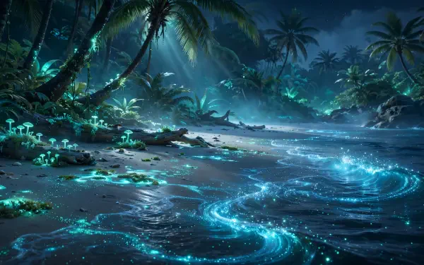 HD PC desktop wallpaper of a tropical beach at night: palm trees, dense foliage and bioluminescent ocean swirls lighting the sand.