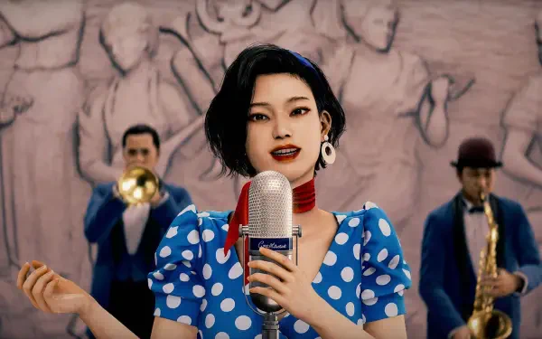HD PC desktop wallpaper Stranger Than Heaven: a woman singer in a blue polka-dot dress holds a vintage microphone with a jazz band playing behind her.