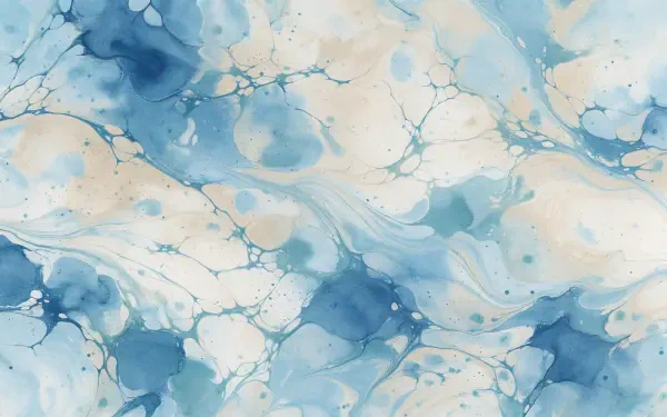 Abstract marble watercolor in blue and cream with flowing veins and splatters, 2K Quad HD PC desktop wallpaper background.