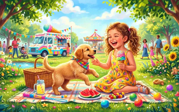 5K Ultra HD PC desktop wallpaper: cute summer scene of a girl and her dog sharing treats on a picnic blanket in a sunny park with an ice cream truck.