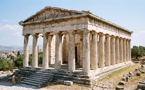 5K Ultra HD desktop wallpaper of an ancient classical temple ruin with towering columns on a sunlit hill, stone steps and scattered debris in the foreground.