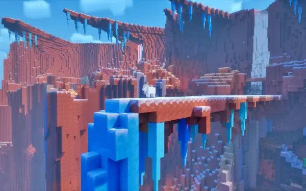 Minecraft Dungeons II HD PC desktop wallpaper: blocky canyon landscape with red cliffs, a suspended cliff bridge, icy blue waterfalls and hanging icicles over a vast pixelated gorge.