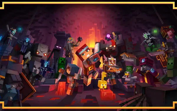 Minecraft Dungeons II video game scene: blocky Minecraft heroes and monsters clash in a glowing cavern — 4K Ultra HD PC desktop wallpaper and background.