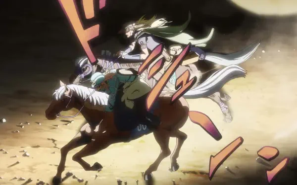 HD PC desktop wallpaper of Steel Ball Run: Johnny Joestar and Gyro Zeppeli racing on horseback at night, dynamic motion lines and dramatic lighting.