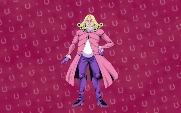 Funny Valentine from Steel Ball Run stands in a pink coat against a repeating horseshoe pattern — 4K Ultra HD PC desktop wallpaper background.
