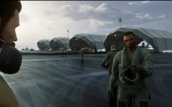 Ace Combat 8: Wings of Theve HD PC desktop wallpaper showing military soldiers on a wet airfield by hangars, one holding a flight helmet beneath a cloudy sky.