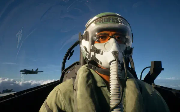 Ace Combat 8: Wings of Theve HD PC desktop wallpaper — cockpit view of a jet fighter pilot wearing helmet and oxygen mask, another fighter visible over clouds.