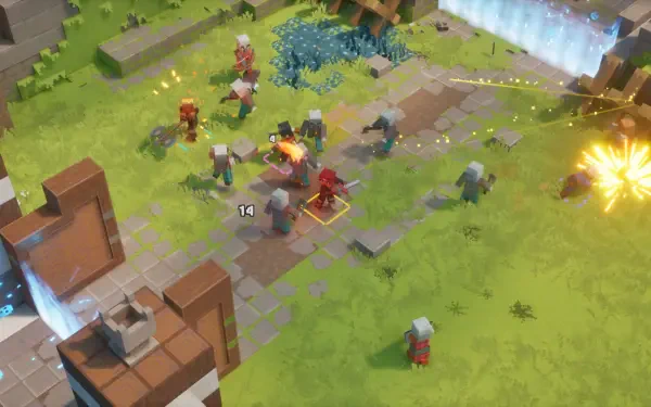 HD PC desktop wallpaper of Minecraft Dungeons II: top-down battle scene from a strategy video game, heroes and mobs clash on a blocky grassy battlefield under spell explosions.