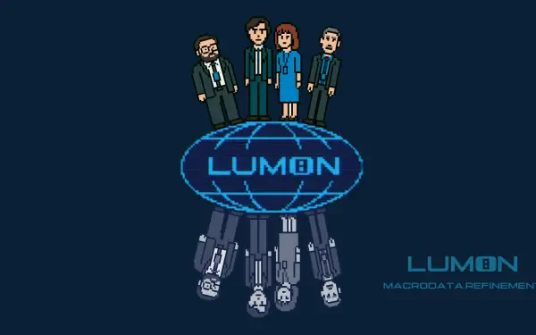 4K Ultra HD pixel-art PC wallpaper: four office workers above a glowing LUMBON globe with mirrored robotic figures below — Severance (Apple TV+), job, macrodata.