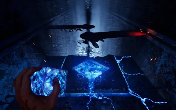 HD PC wallpaper: Hellraiser: Revival — glowing blue hologram portal and tech cube crackling with electricity above a ritual slab, hands reaching in to manipulate the energy.