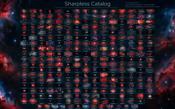 4K Ultra HD PC desktop wallpaper showing the Sharpless astronomy catalog: a grid of nebula thumbnails over a red-blue space and starfield background.