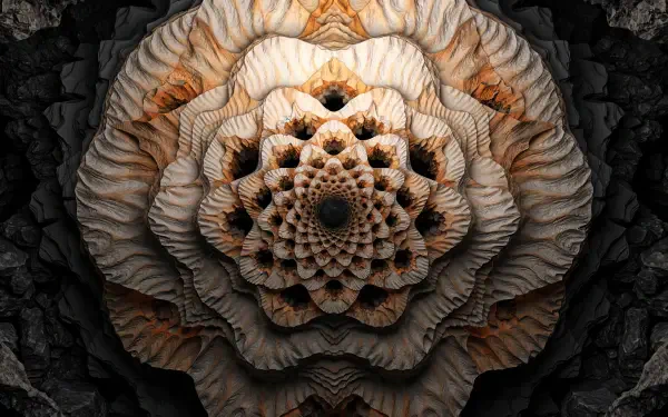 Abstract fractal mandala of layered beige and black concentric petal-like ridges, textured depth and shadow — 4K Ultra HD PC desktop wallpaper and background.