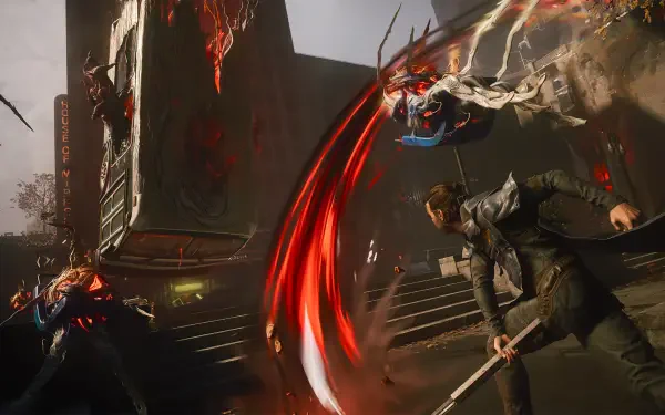 HD PC desktop wallpaper/background: Control Resonant — a sword-wielding warrior unleashes a crimson energy slash at shadowy foes amid a ruined futuristic urban battleground.