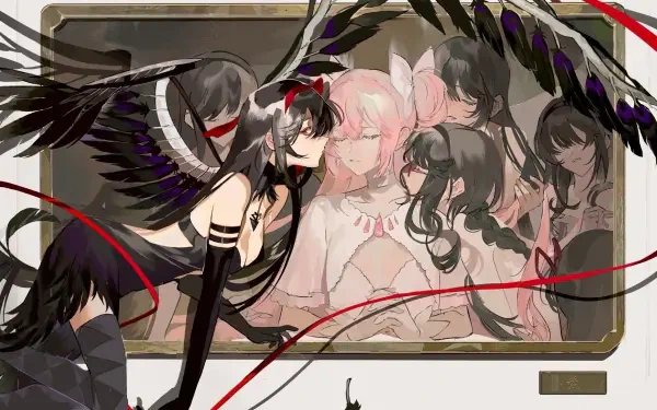 HD anime PC desktop wallpaper of Homura Akemi with black wings leaning over Madoka Kaname (pink hair), red ribbons and mirrored figures — Puella Magi Madoka Magica