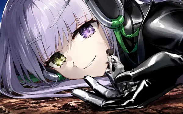 HD PC desktop wallpaper — Fate (Series) / Fate/Extra CCC / Fate/extra: close-up of a silver-lilac-haired heroine with heterochromatic eyes, glossy black combat suit and green headphones, lying on the ground.