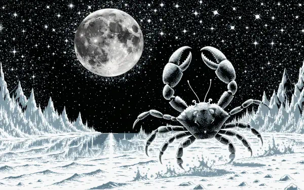4K Ultra HD desktop wallpaper: Cancer (astrology) crab on a snowy lunar landscape beneath a full moon and star-filled night sky.